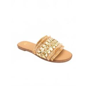 NEW CAMEL THREADS women's joy fringe and bead slide in camel